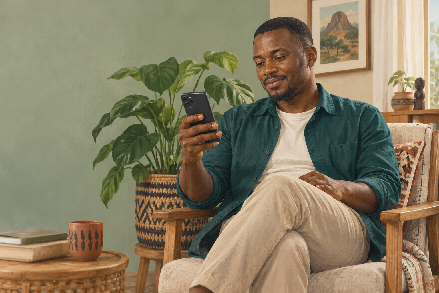 Illustration of a patient checking his phone at home